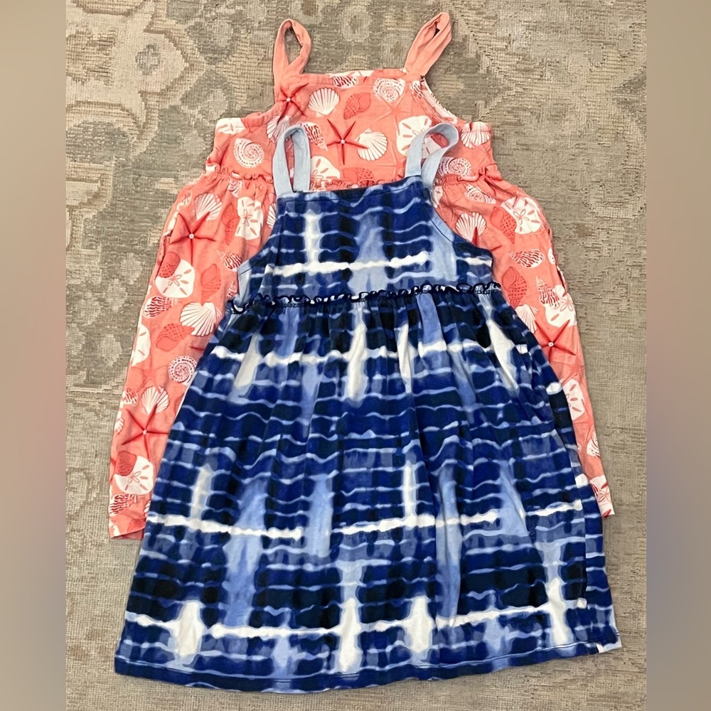 Blue Tie Dye and Coral Seashell Print Girls Dress Pair, Kids 5T, GUC